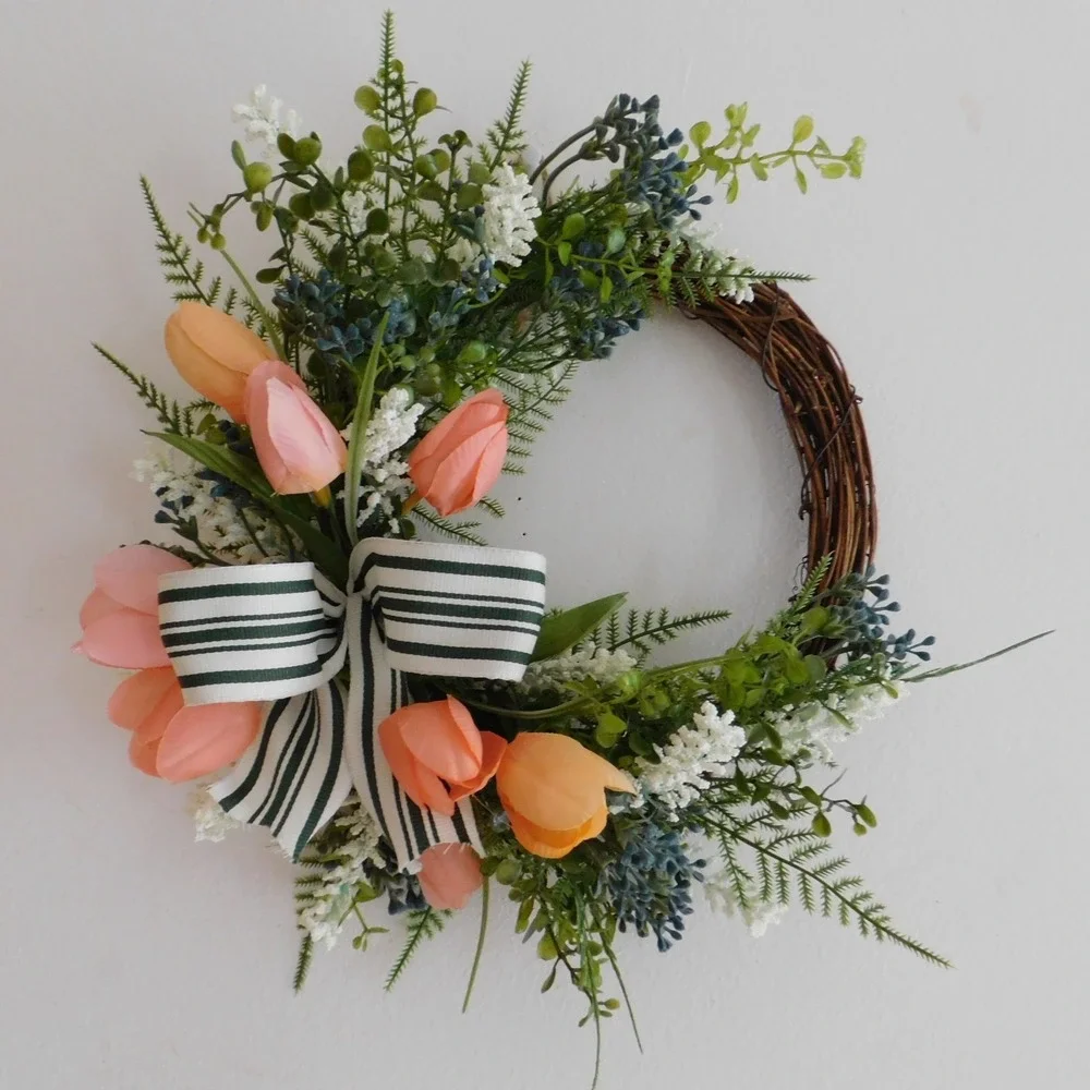 Artificial Spring Tulip Mini Greenry Wreath Berries Ferns‎ Housewarming Gift